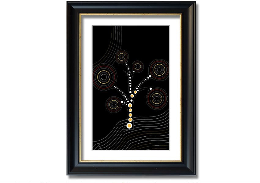 Framed Aboriginal Tree 2 print showcasing vibrant colors and intricate patterns, ready to hang.